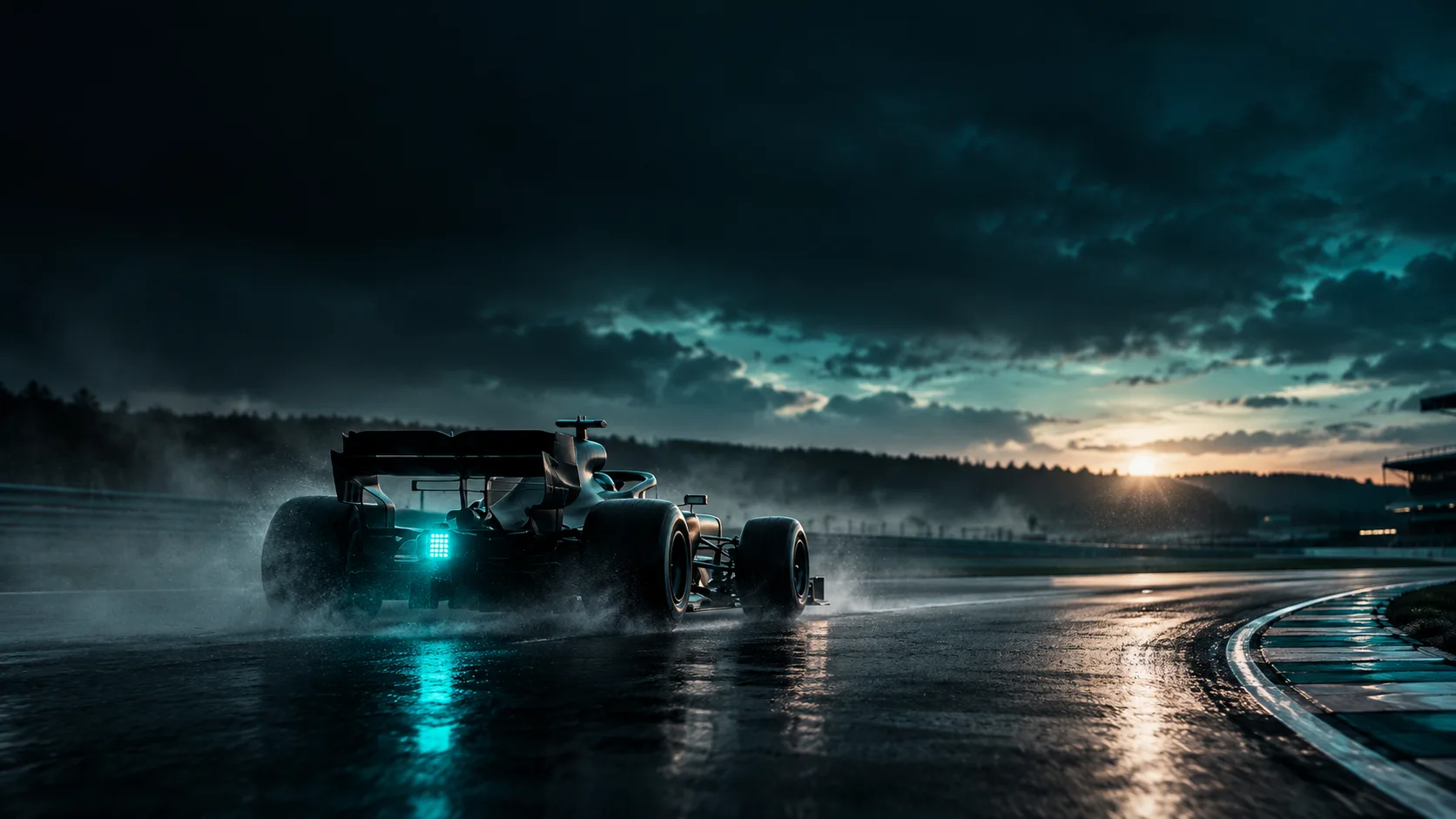 Carro de Fórmula 1 na pista molhada ao entardecer